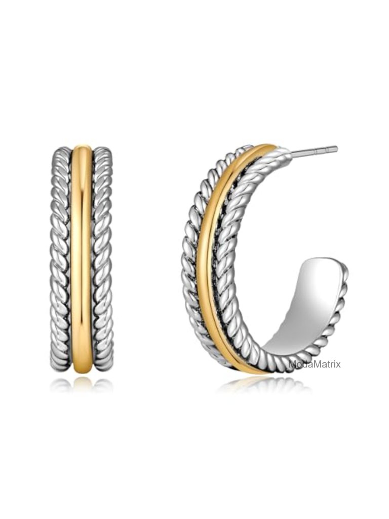 Mixed Metal Two Tone Chunky Hoop Stud Earrings Fashion Jewelry